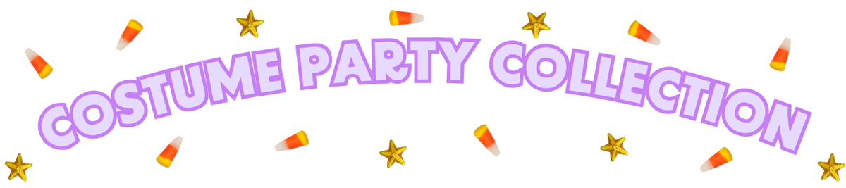 Purple text stating "Costume Party Collection" surrounded by star gems and candy corn.