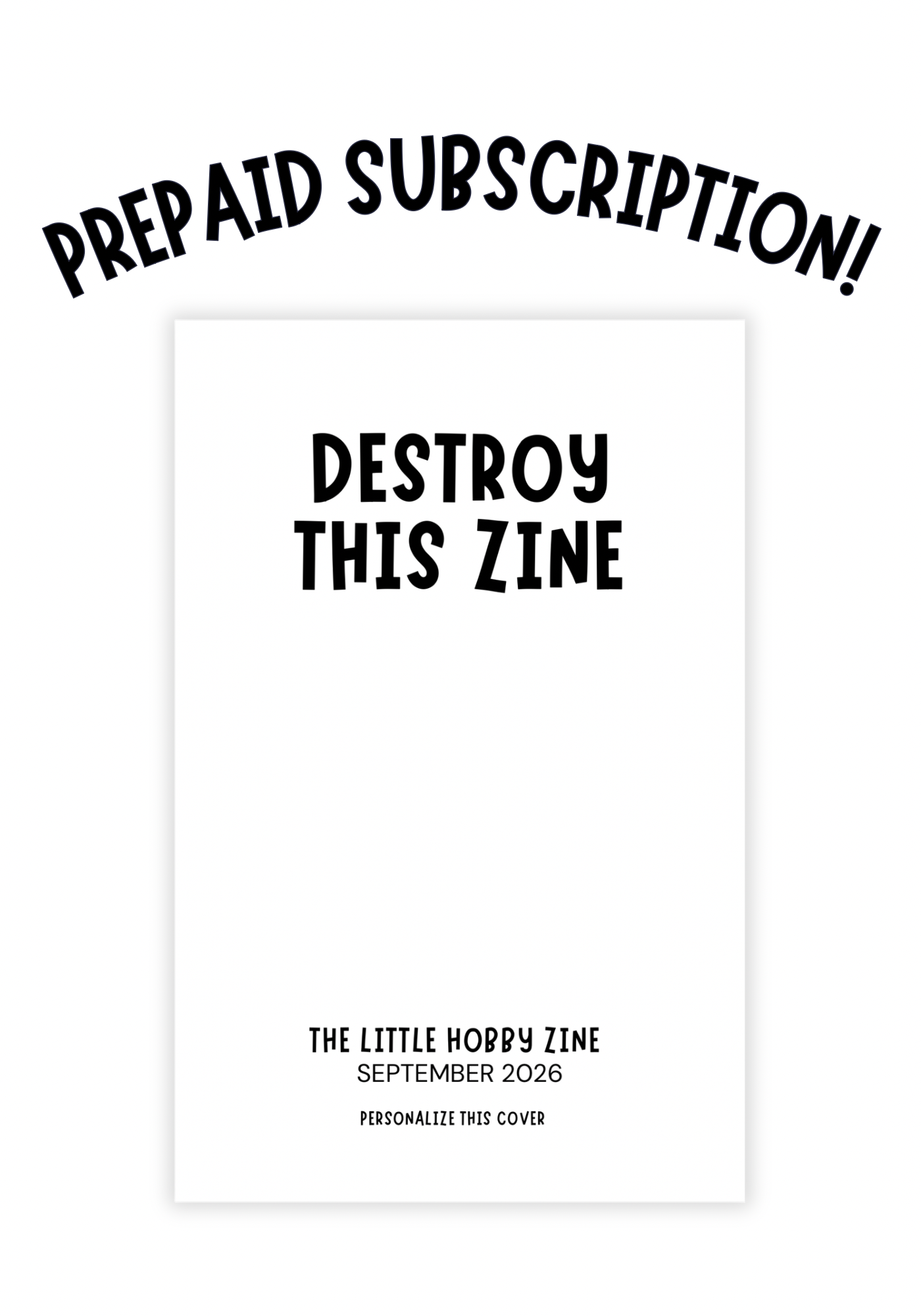 A white mini magazine with “Destroy This Zine” written in black on the cover against a white background