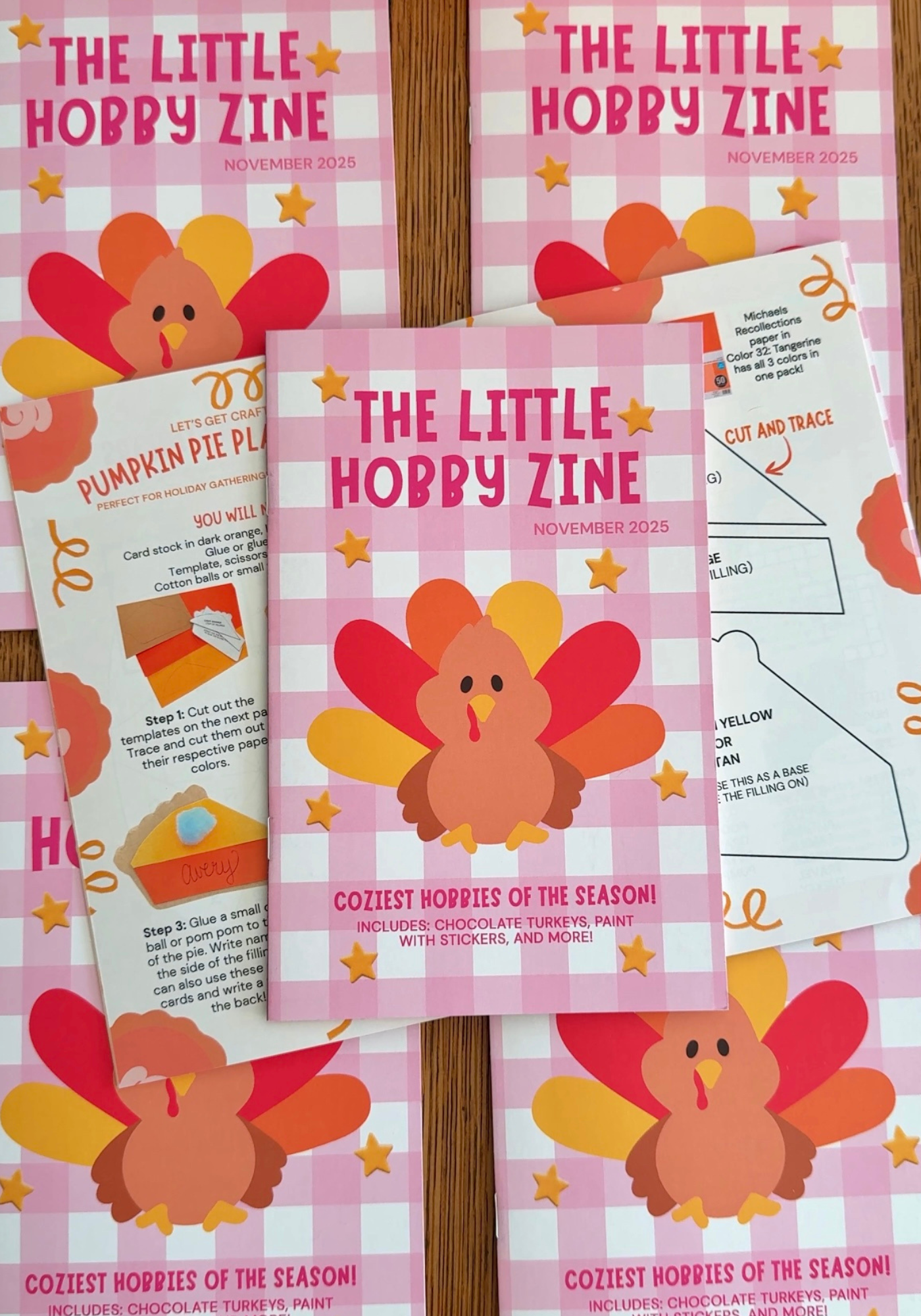 The Little Hobby Zine with Thanksgiving-themed design on a pink checkered background.