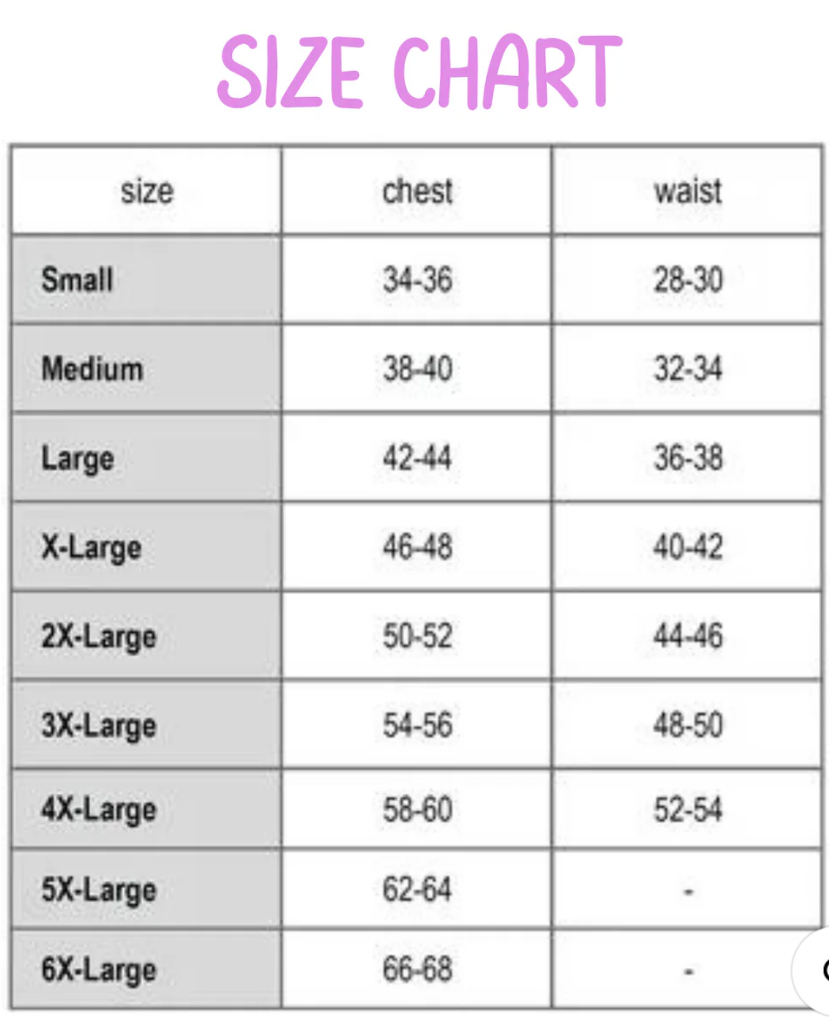 Size chart for clothing with chest and waist measurements in inches.