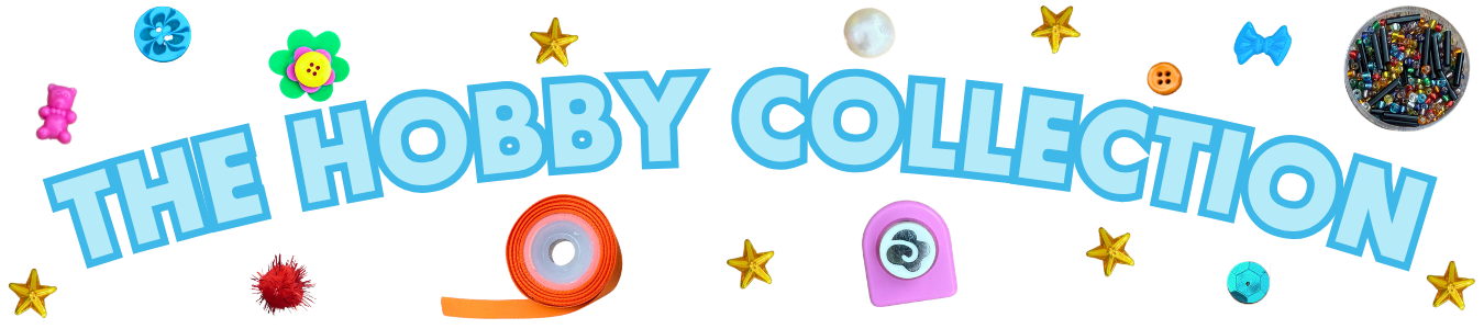 Blue text that reads The Hobby Collection surrounded by images of craft supplies and yellow star gemstones.