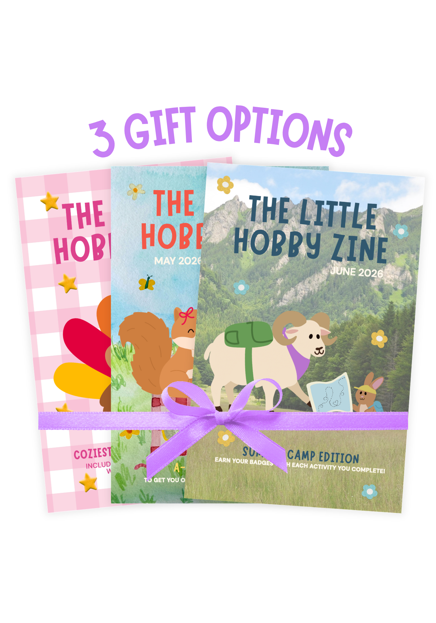 Three zine books with a purple ribbon on a white background, labeled '3 Gift Options'.