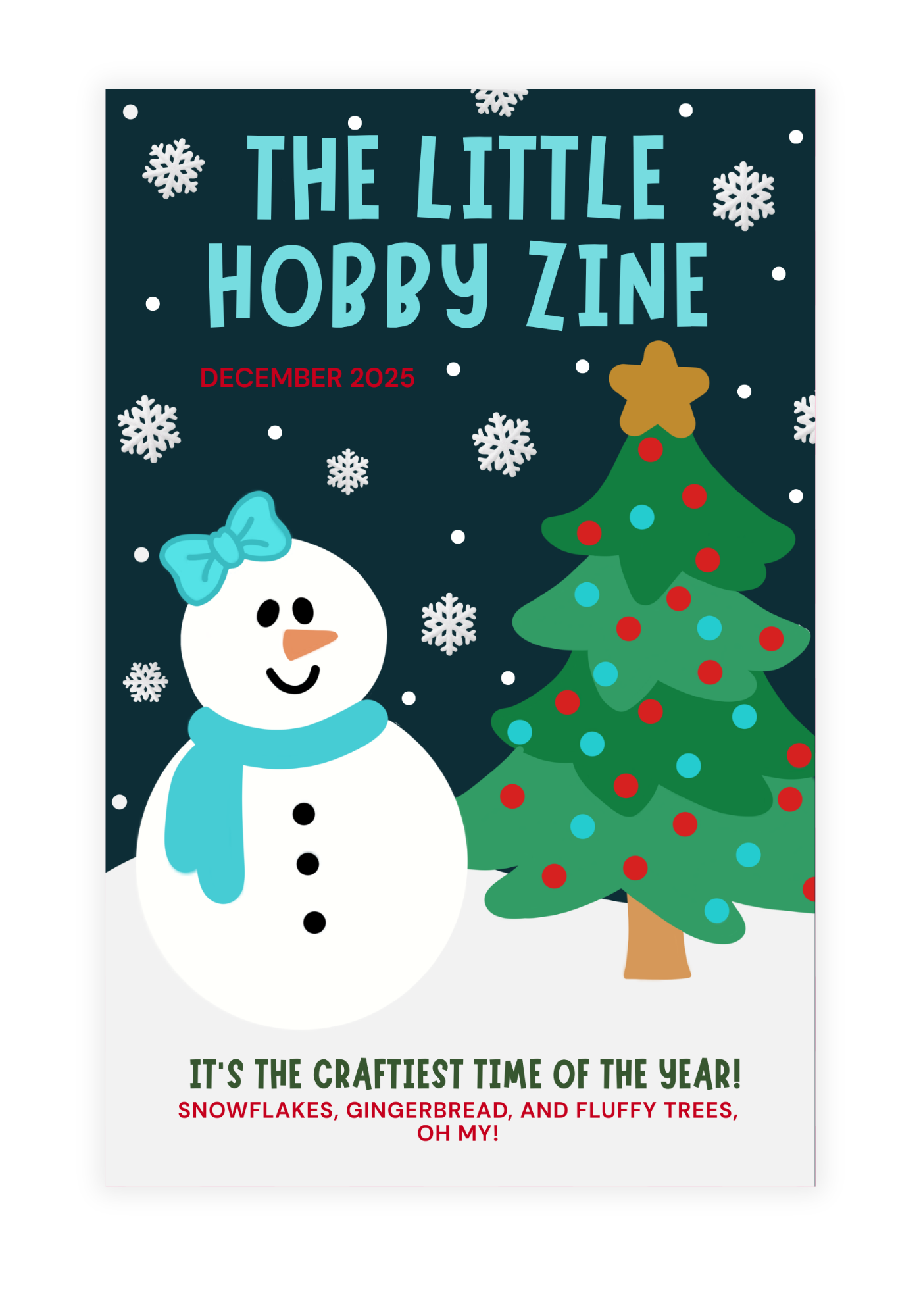 Cover of 'The Little Hobby Zine' for December 2025 featuring a snowman and Christmas tree.