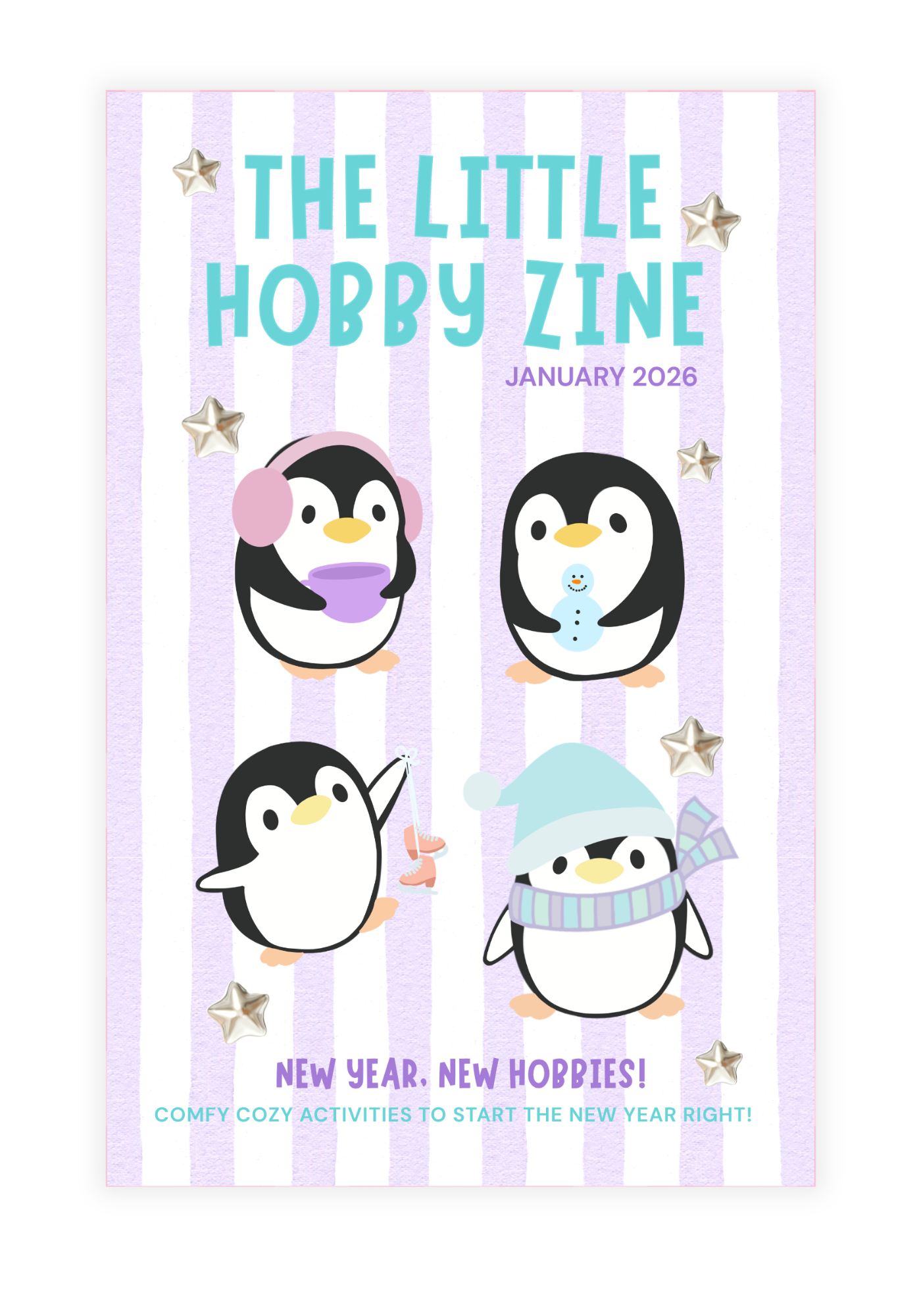 Cover of 'The Little Hobby Zine' with penguin illustrations and purple striped background