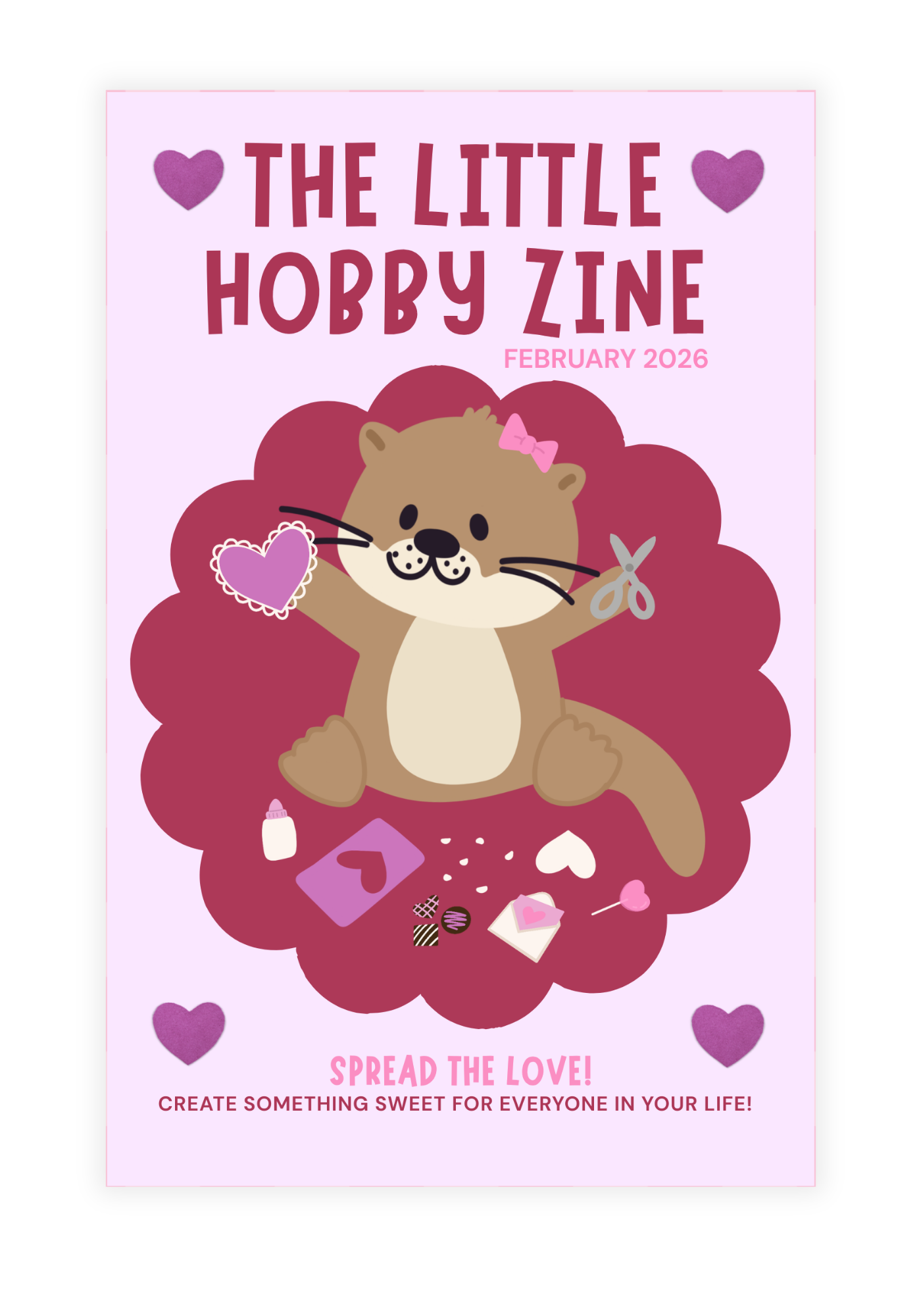 Cover of 'The Little Hobby Zine' with a cartoon otter holding a heart on a pink background.