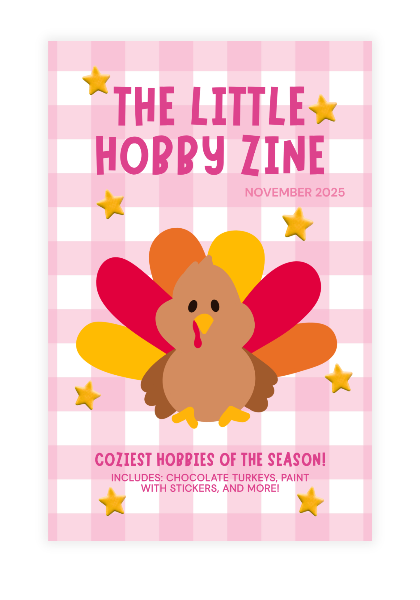 Magazine cover with a cartoon turkey on a pink checkered background