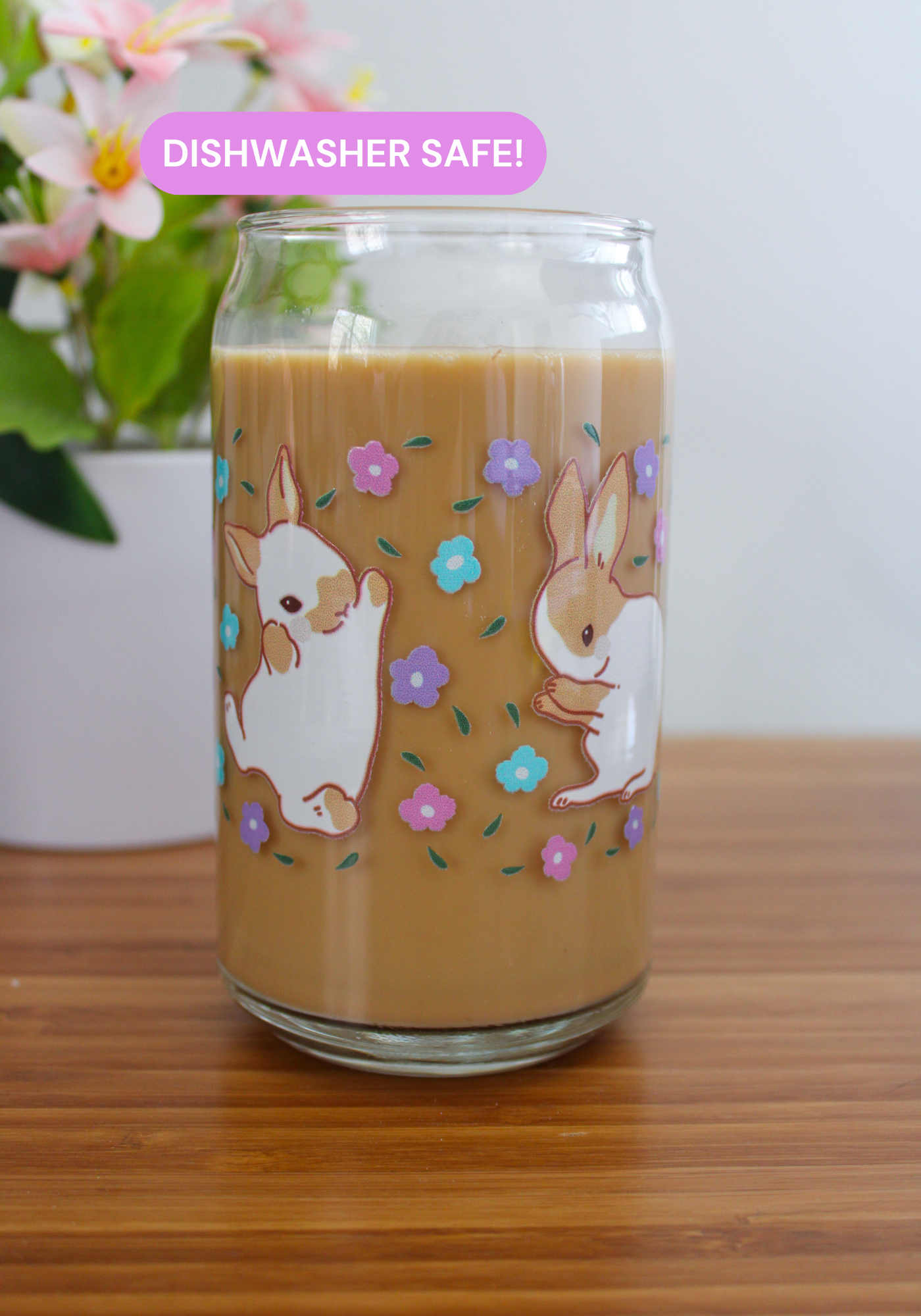 Floral Bunnies Glass Can