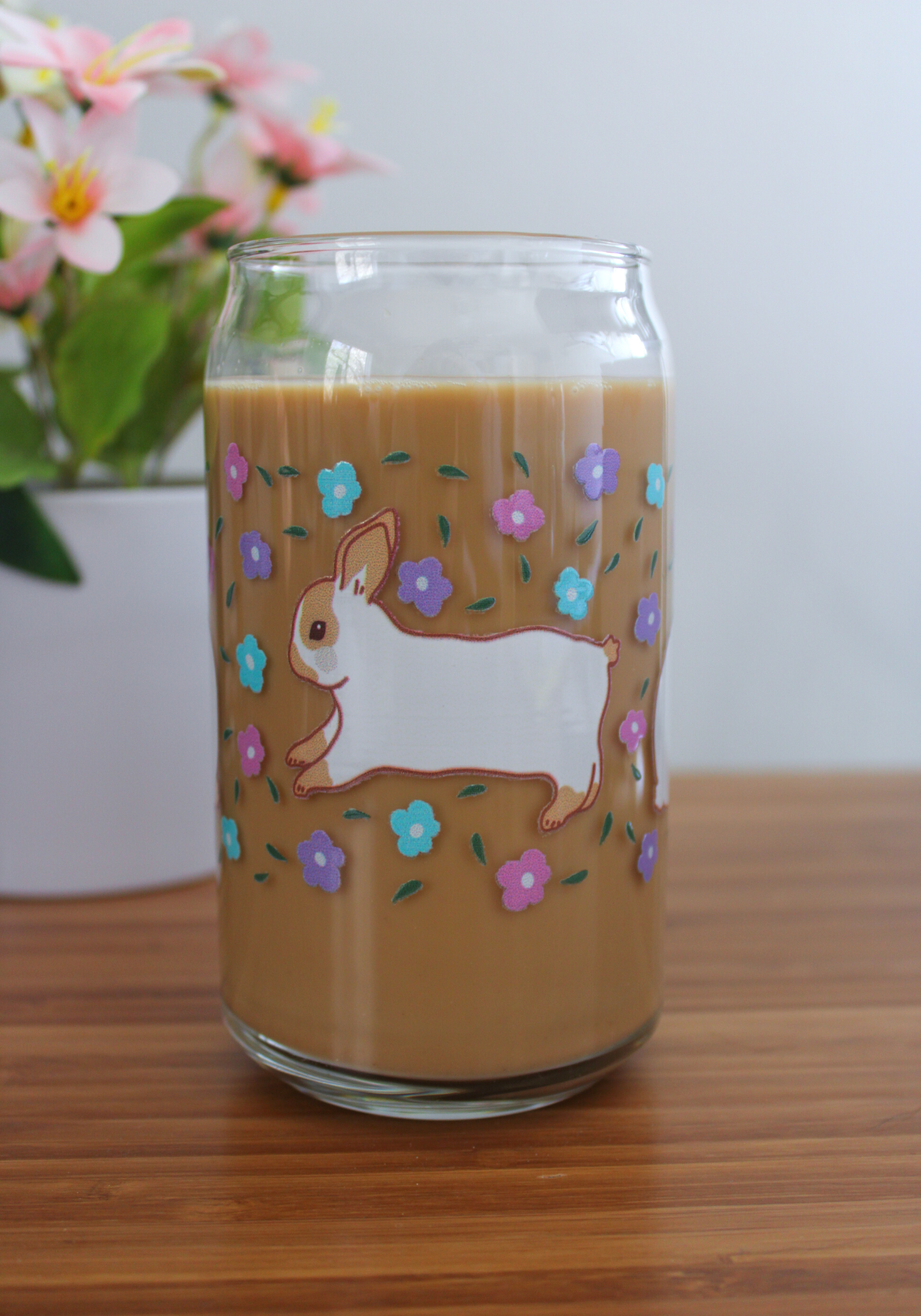 Floral Bunnies Glass Can