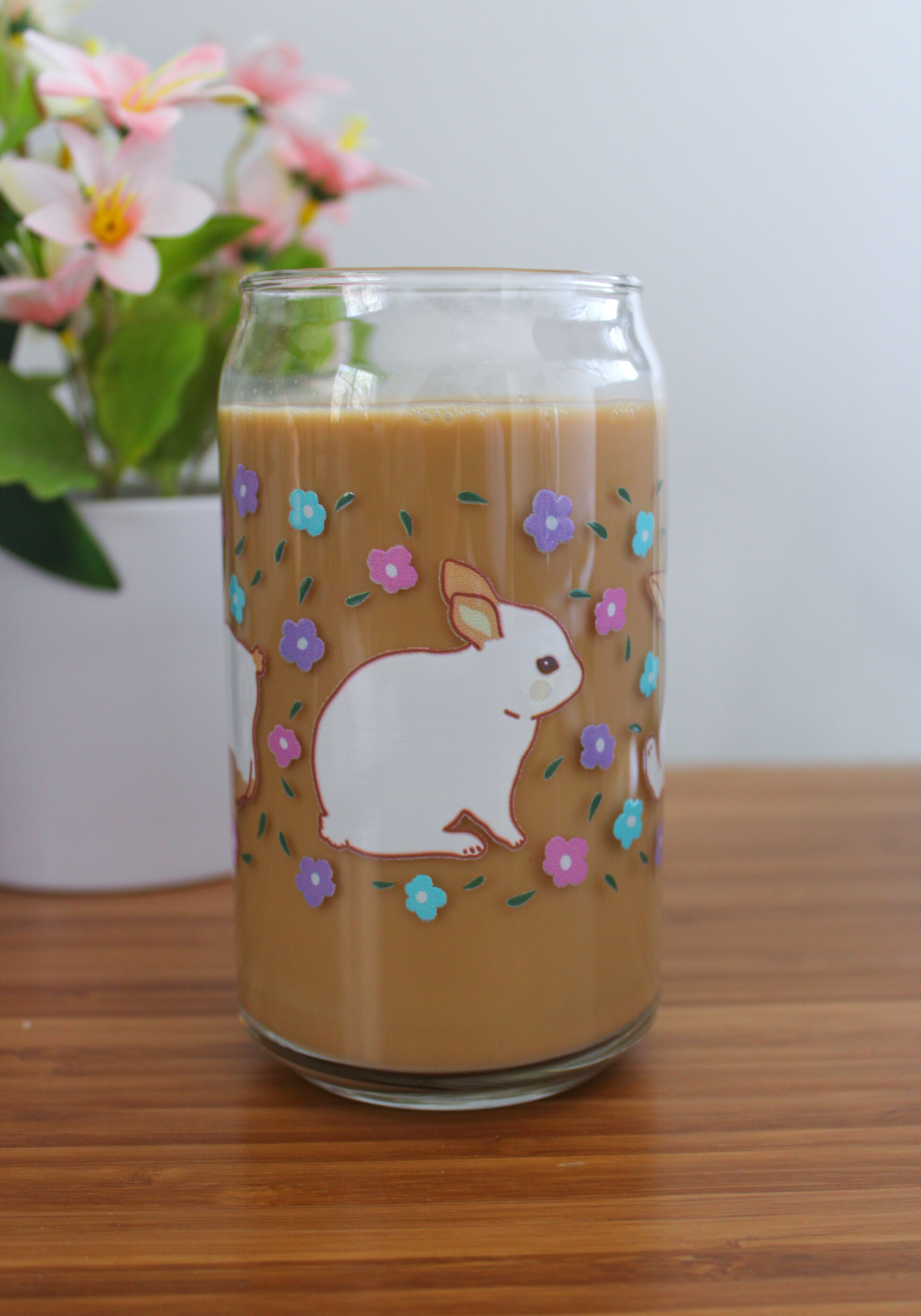 Floral Bunnies Glass Can