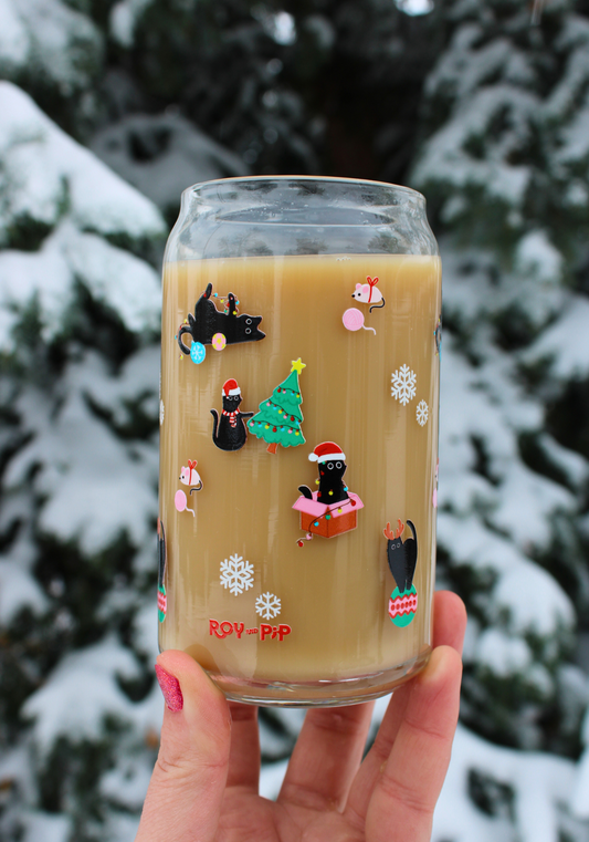 Chaotic Christmas Cat Glass Can