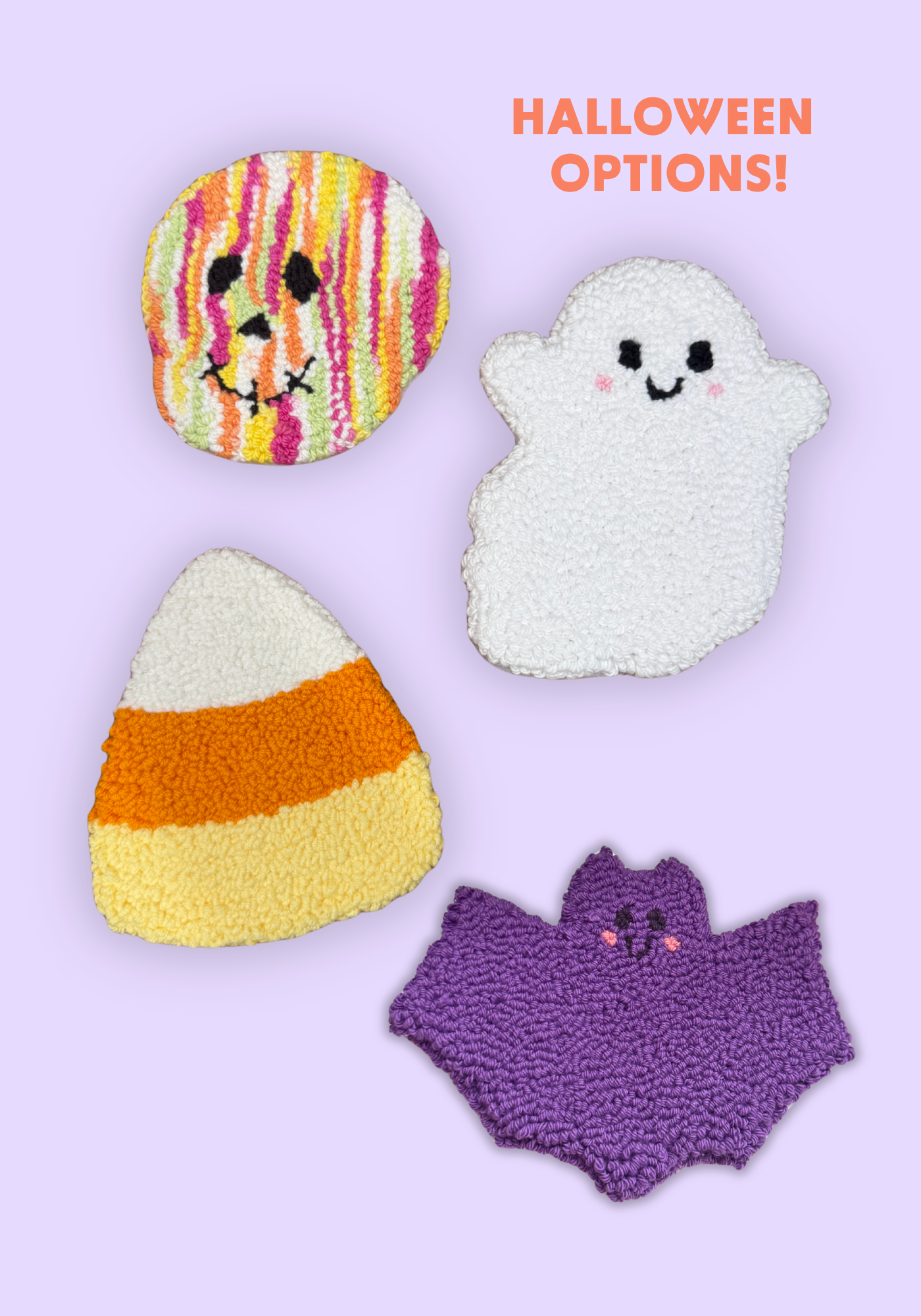 Four fuzzy Halloween-themed applique patches on a light lavender background with orange text reading 'HALLOWEEN OPTIONS!'. The patches include a striped jack-o'-lantern, a white ghost, a candy corn, and a purple bat, each with embroidered facial features.