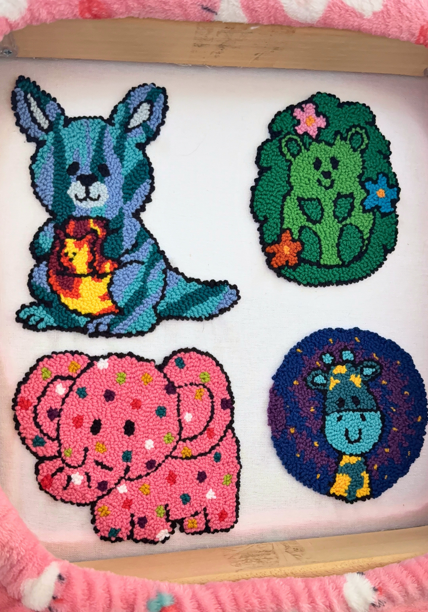 Four mug rugs punch needle coaster with unique designs