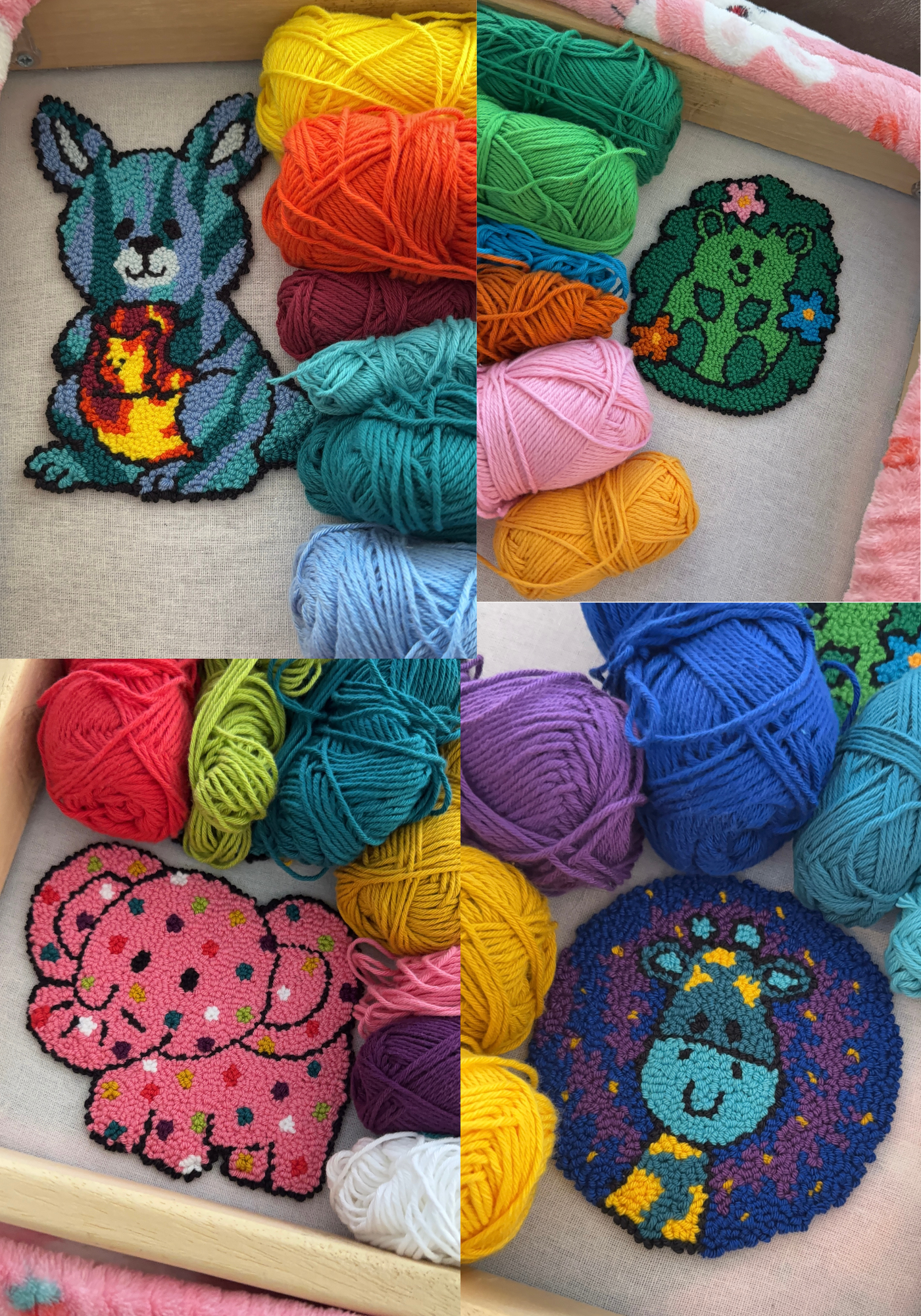 Four mug rug coasters include a fire and ice kangaroo, hedge hedgehog, pink spotted elepahnt, and alien giraffe