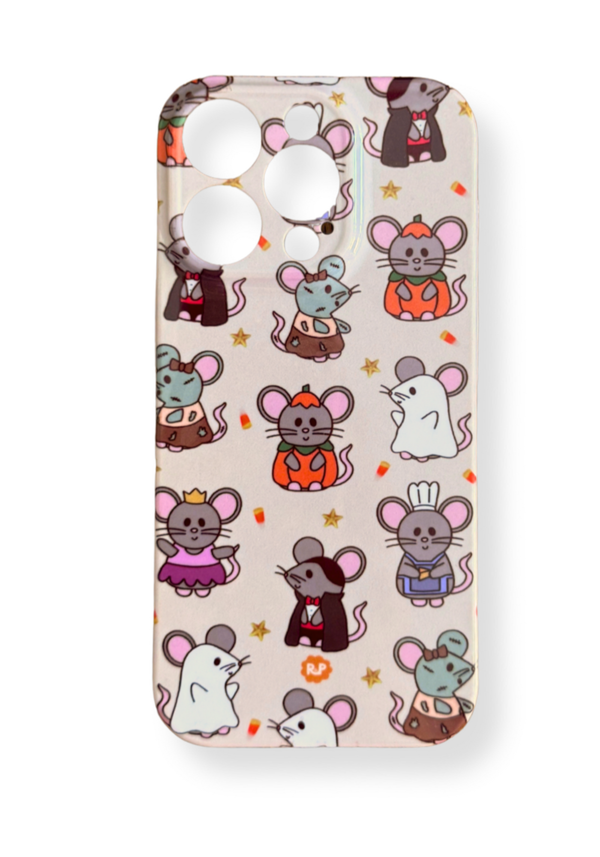 An acrylic phone case on a white background with a little mice in halloween costumes design.