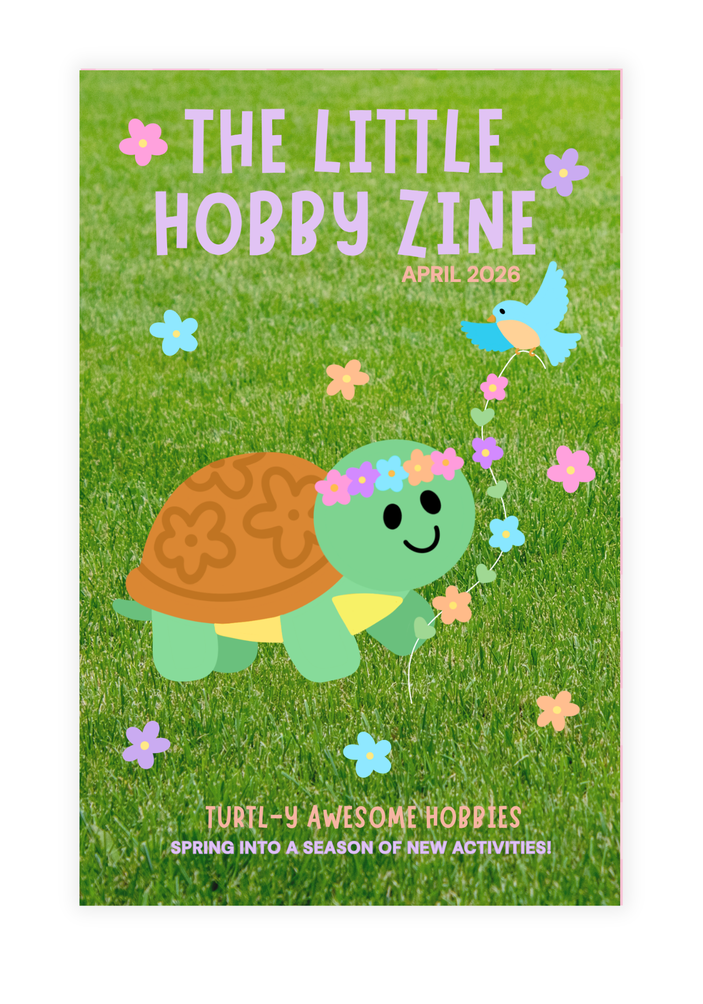 Cover of 'The Little Hobby Zine' with a turtle illustration on a grass background