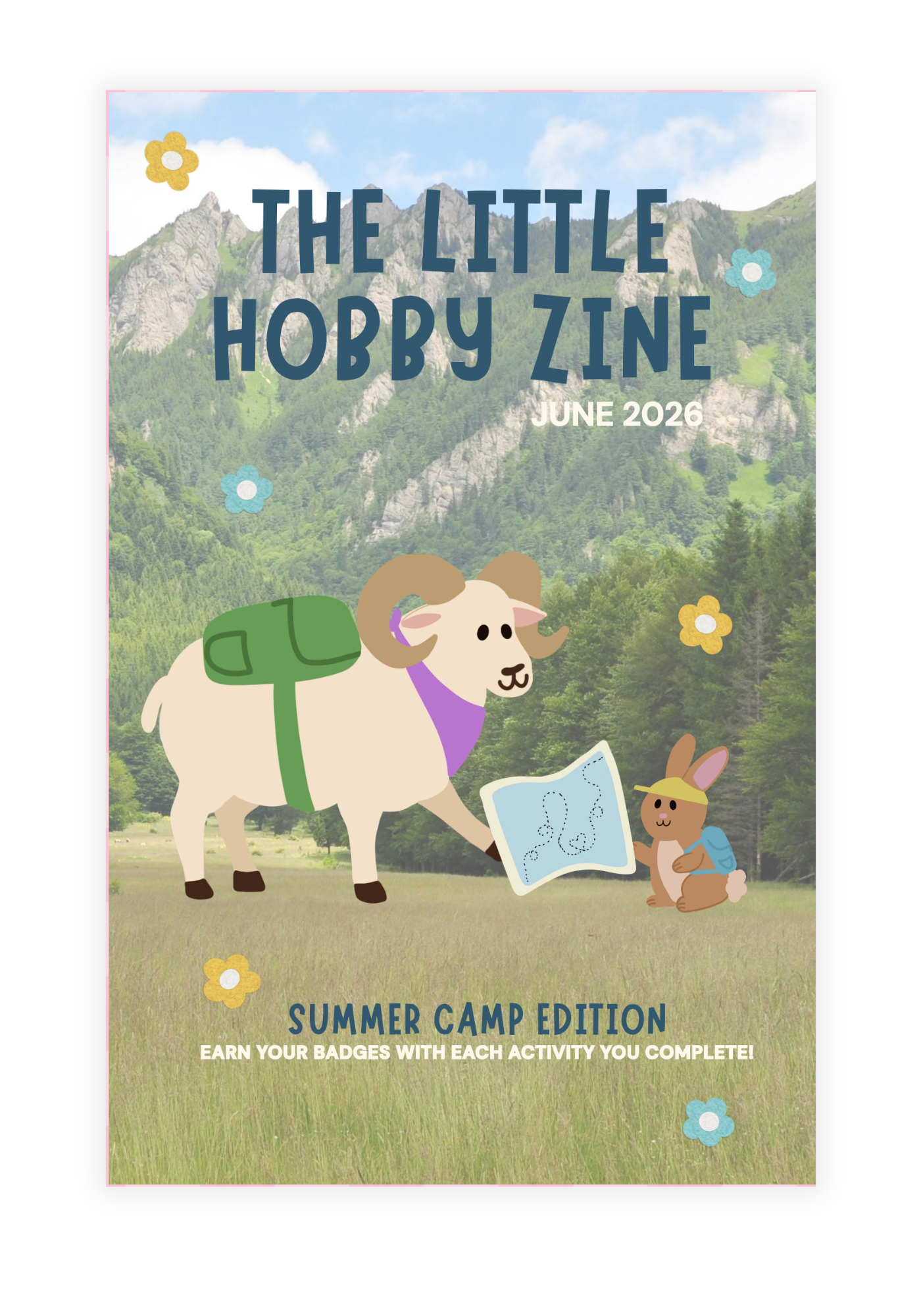 The Little Hobby Zine with mountains and a camping ram and bunny on the cover.