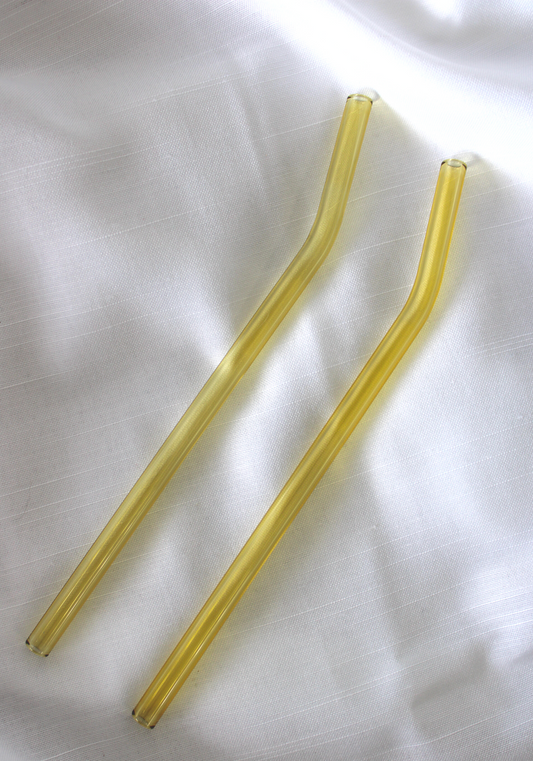 Single Light Yellow Bent Reusable Glass Drinking Straw