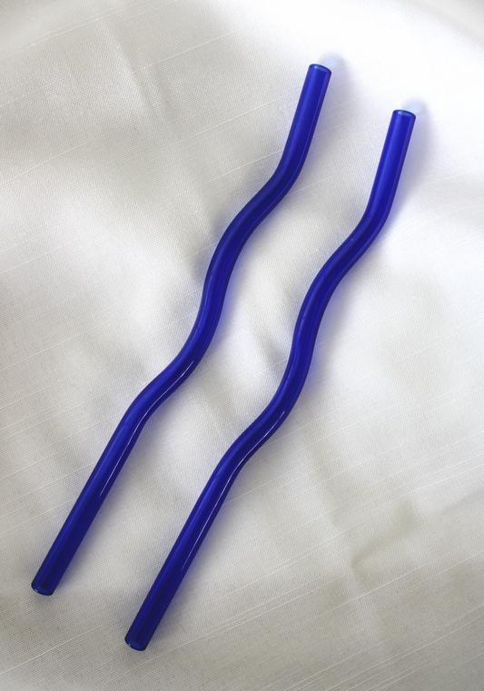 Single Dark Blue Squiggle Reusable Glass Drinking Straw