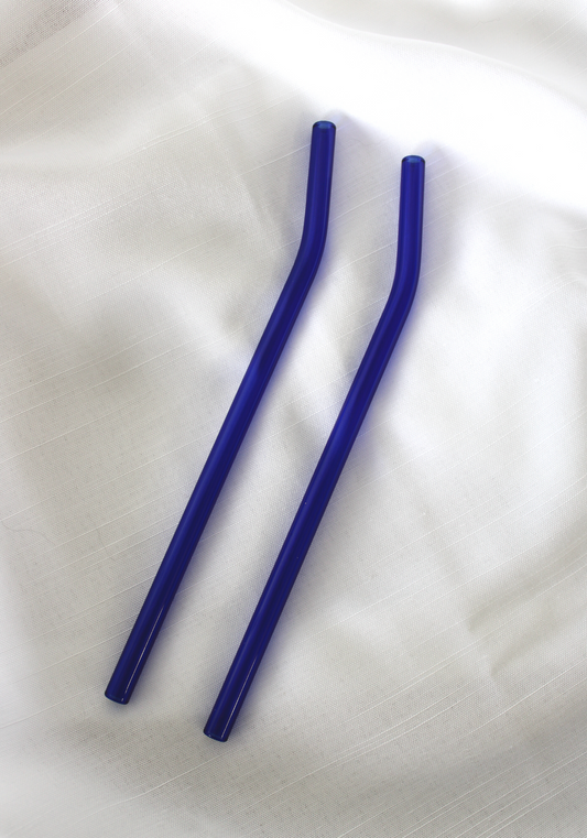 Single Dark Blue Bent Reusable Glass Drinking Straw